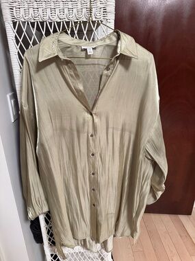 Topshop Shimmery Light Olive Satin Shirt